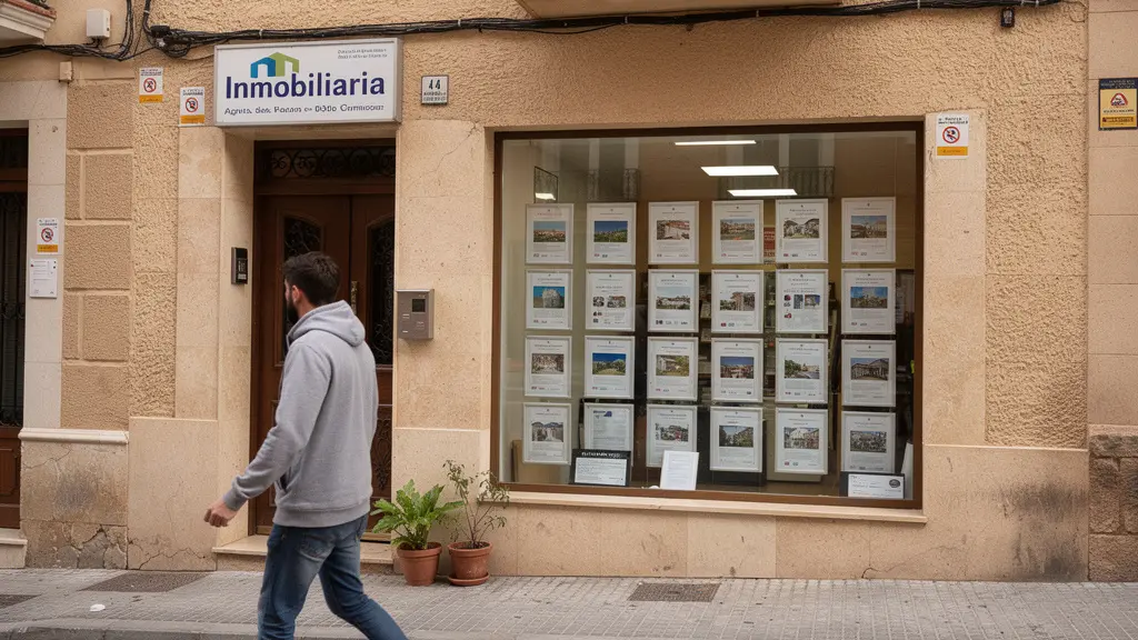 Fachada de agencia inmobiliaria profesional en calle española típica