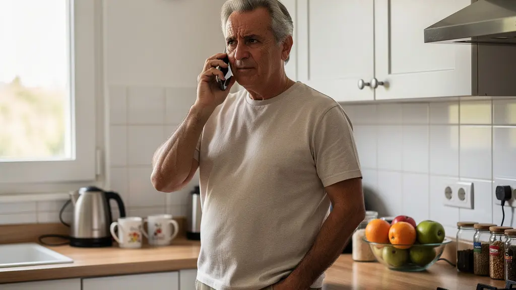 Propietario español escuchando llamada telefónica con expresión escéptica en su cocina