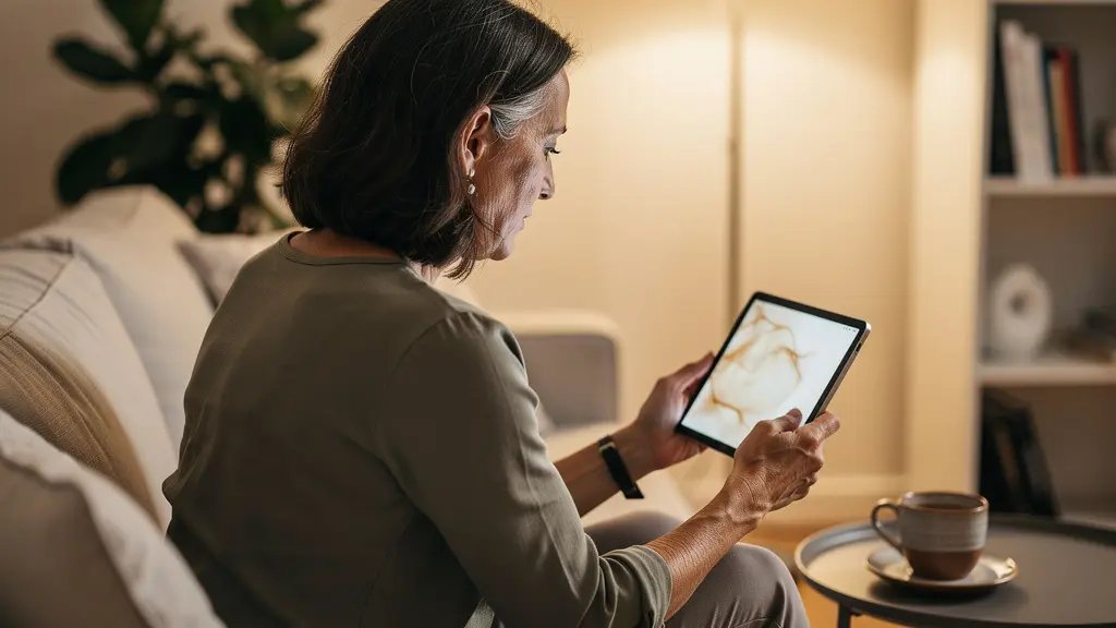 Propietaria española revisando criterios de evaluación de agencias inmobiliarias en tablet