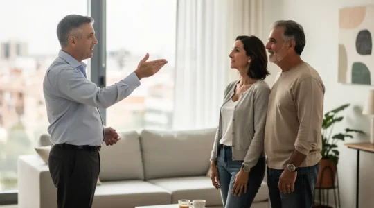 Pareja española conversando con agente inmobiliario en salón luminoso sobre evaluación de agencias
