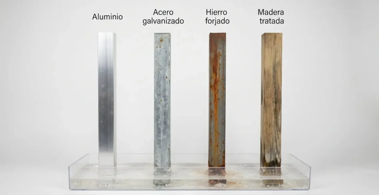 Comparativa visual de cuatro materiales de vallado tras seis meses de exposición a agua salada mostrando resistencia superior del aluminio