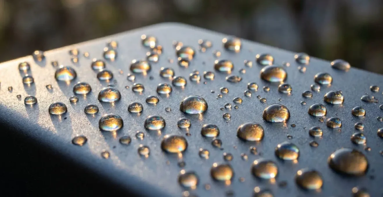 Macro fotografía de gotas de agua sobre superficie de aluminio anodizado mostrando efecto hidrófobo del tratamiento protector