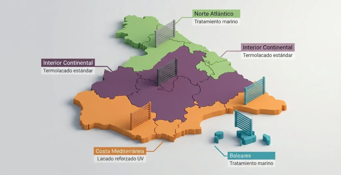 Mapa ilustrado de España mostrando zonas climáticas y tratamientos de aluminio recomendados para cada región