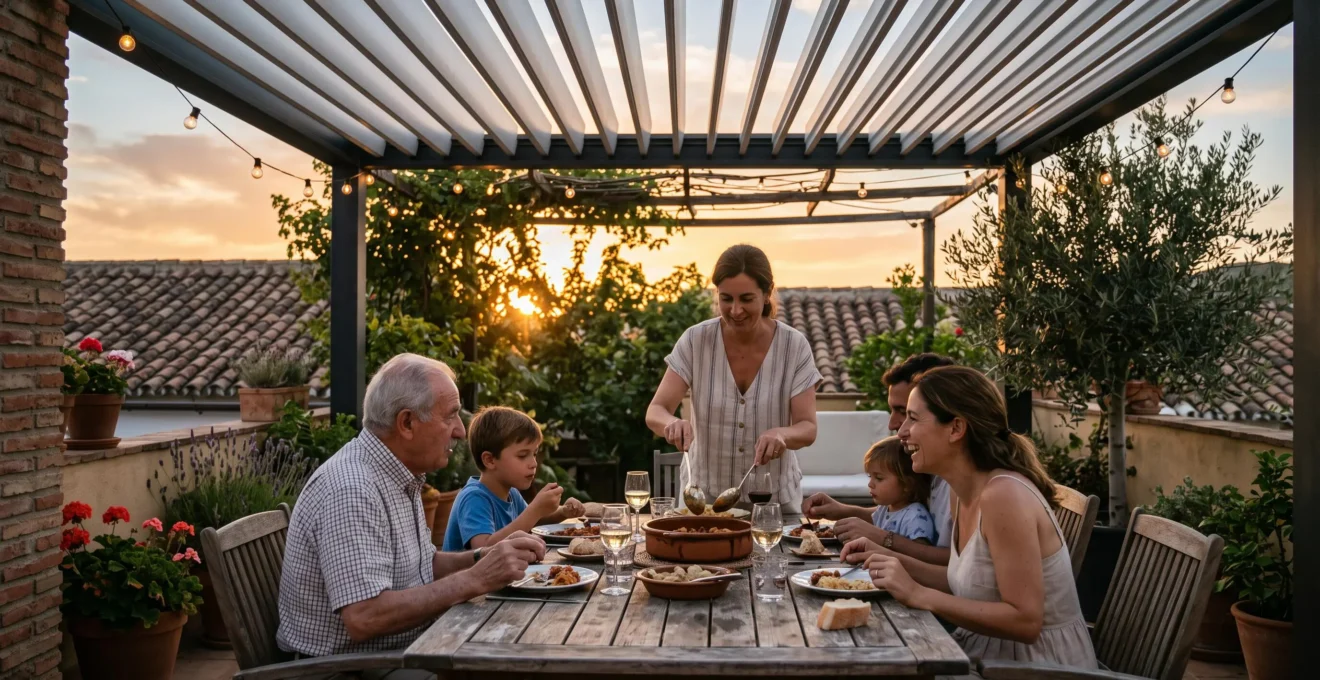 Una familia cena al aire libre bajo una pérgola bioclimática con las lamas abiertas durante una tarde de verano.