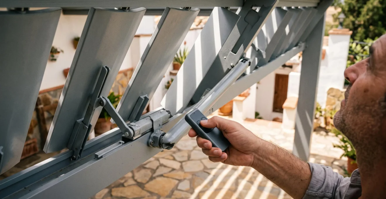 Una mano acciona un mando a distancia mientras las lamas de la pérgola bioclimática se inclinan para ventilar la terraza al mediodía.
