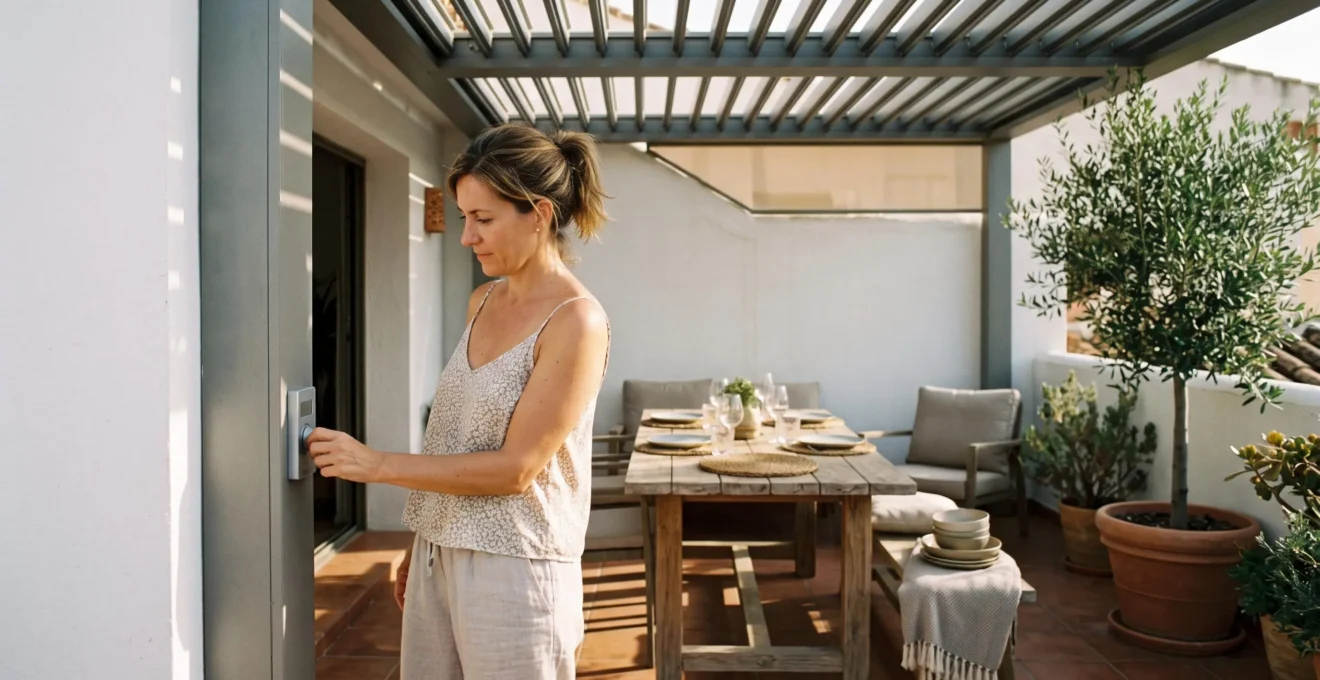 Una mujer ajusta la apertura de las lamas de una pérgola bioclimática de aluminio en una terraza familiar durante el verano.