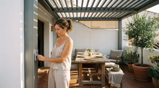Una mujer ajusta la apertura de las lamas de una pérgola bioclimática de aluminio en una terraza familiar durante el verano.